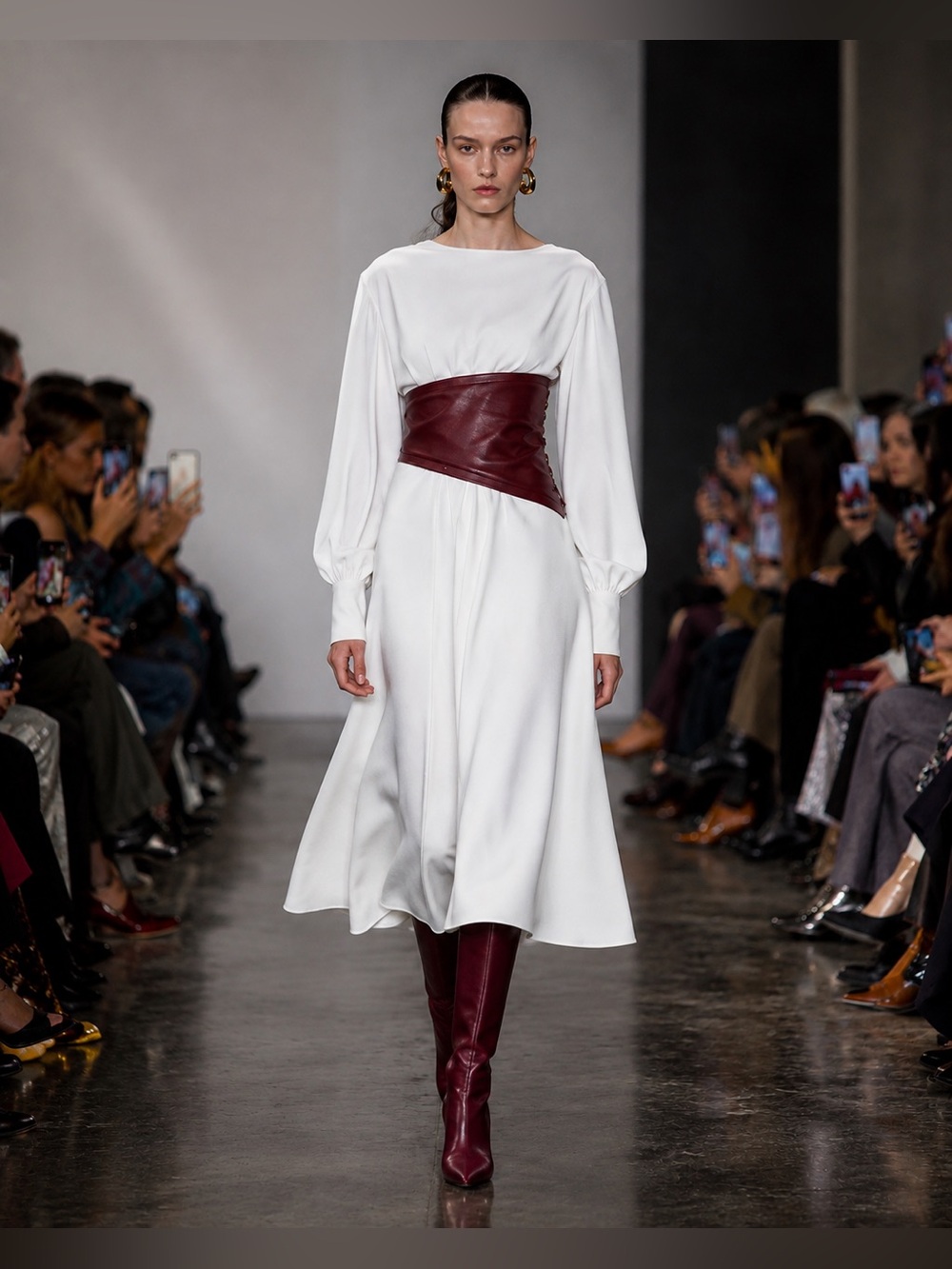 Proenza Schouler White Midi Dress with Burgundy Waist Corset Accent